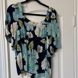 LOFT Navy and Green Floral Blouse